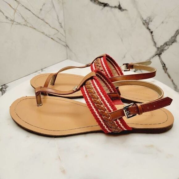 Tommy Hilfiger Sandals Womens 7.5 Preppy Nautical Thong Toe Ring Sandals Red Tan - Picture 5 of 13